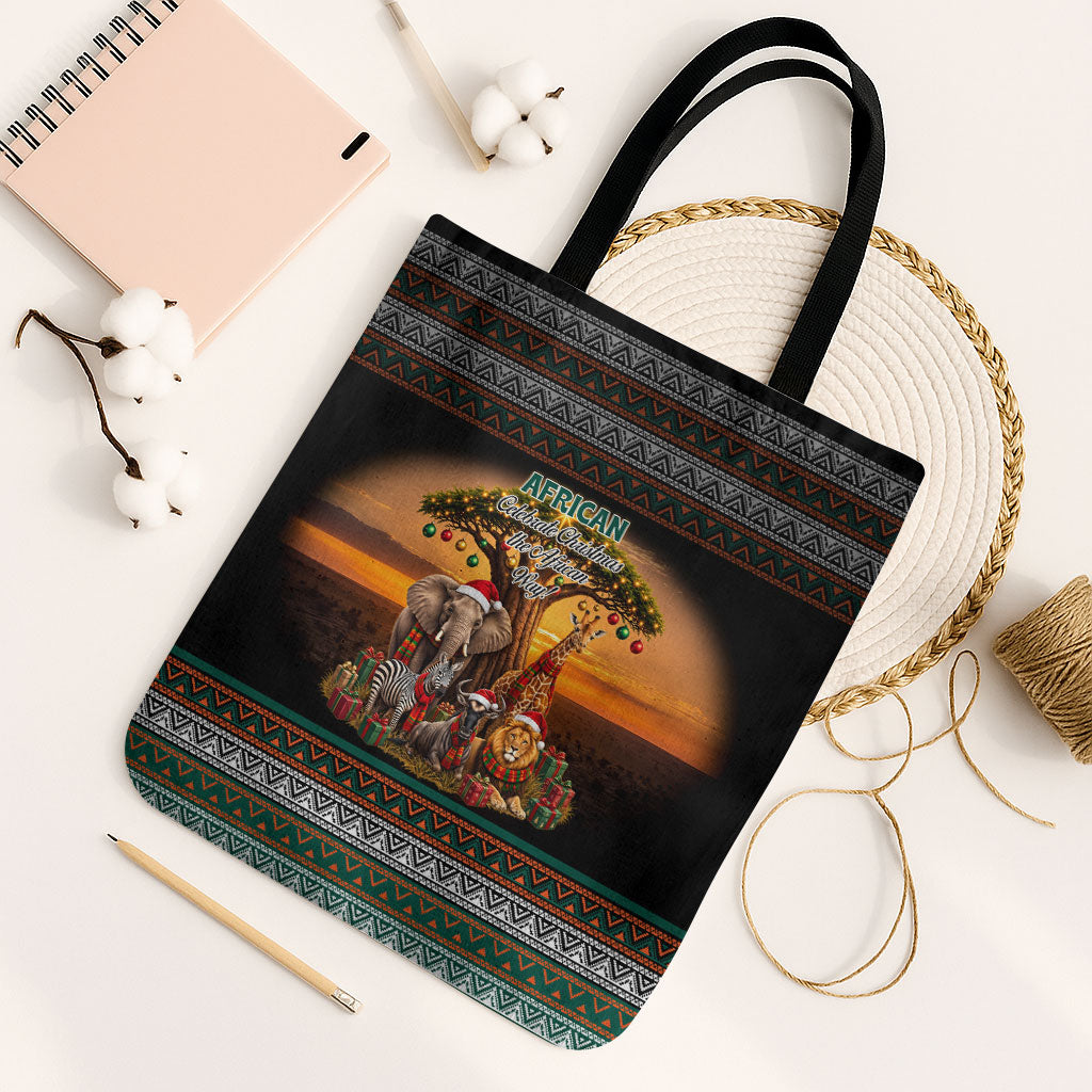 African Safari Animals Christmas Tote Bag Savannah Wildlife Festive Holiday Tribal Pattern