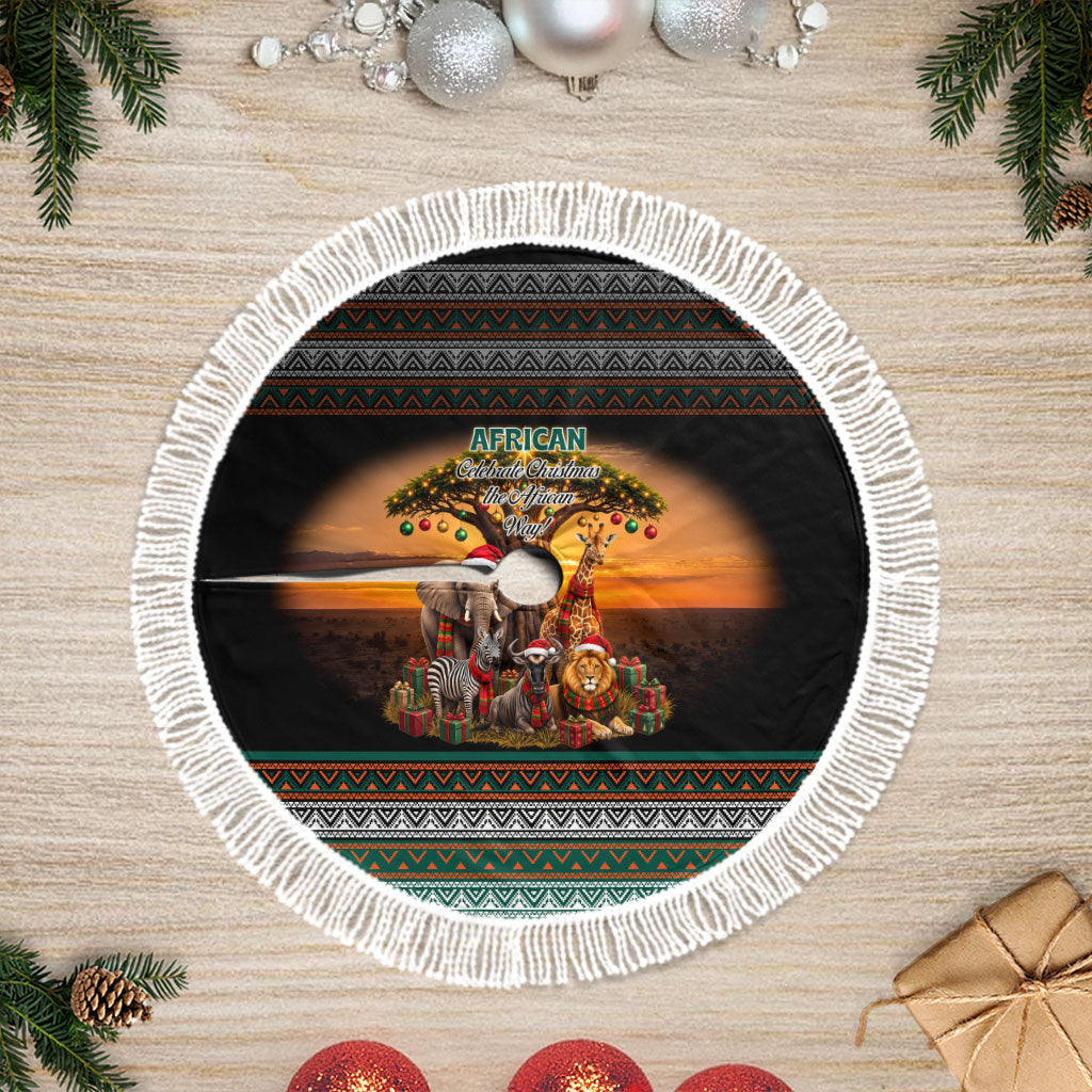 African Safari Animals Christmas Tree Skirt Savannah Wildlife Festive Holiday Tribal Pattern