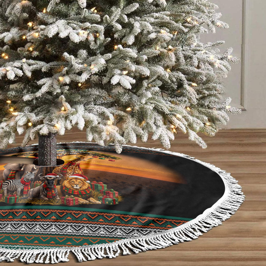 African Safari Animals Christmas Tree Skirt Savannah Wildlife Festive Holiday Tribal Pattern