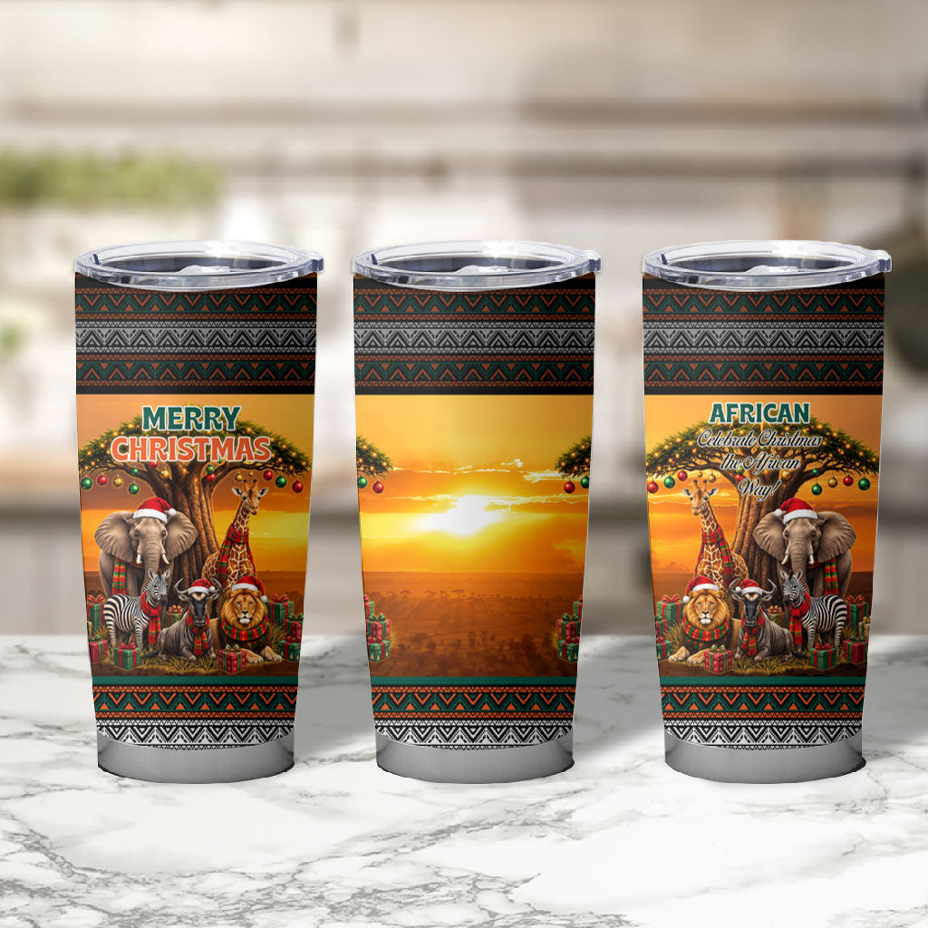 African Safari Animals Christmas Tumbler Cup Savannah Wildlife Festive Holiday Tribal Pattern