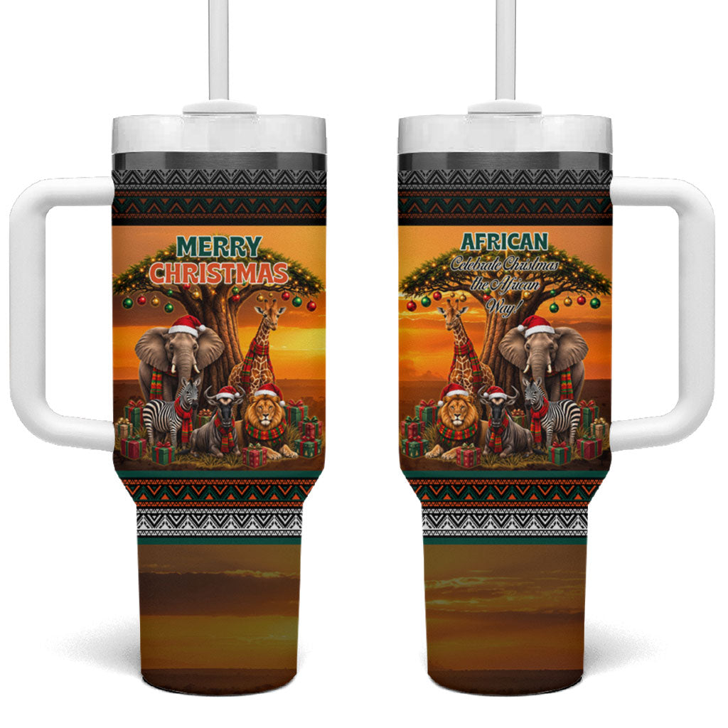African Safari Animals Christmas Tumbler With Handle Savannah Wildlife Festive Holiday Tribal Pattern