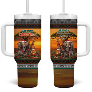 African Safari Animals Christmas Tumbler With Handle Savannah Wildlife Festive Holiday Tribal Pattern