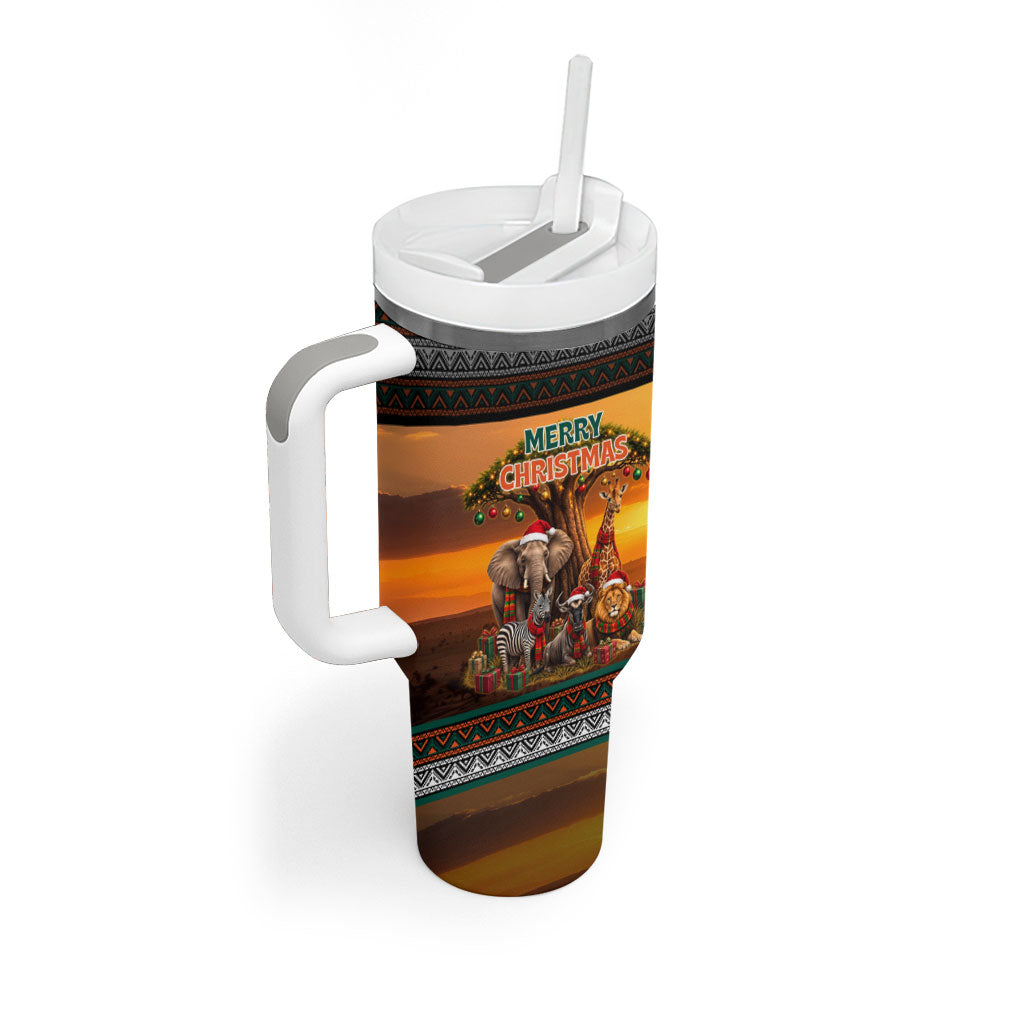African Safari Animals Christmas Tumbler With Handle Savannah Wildlife Festive Holiday Tribal Pattern