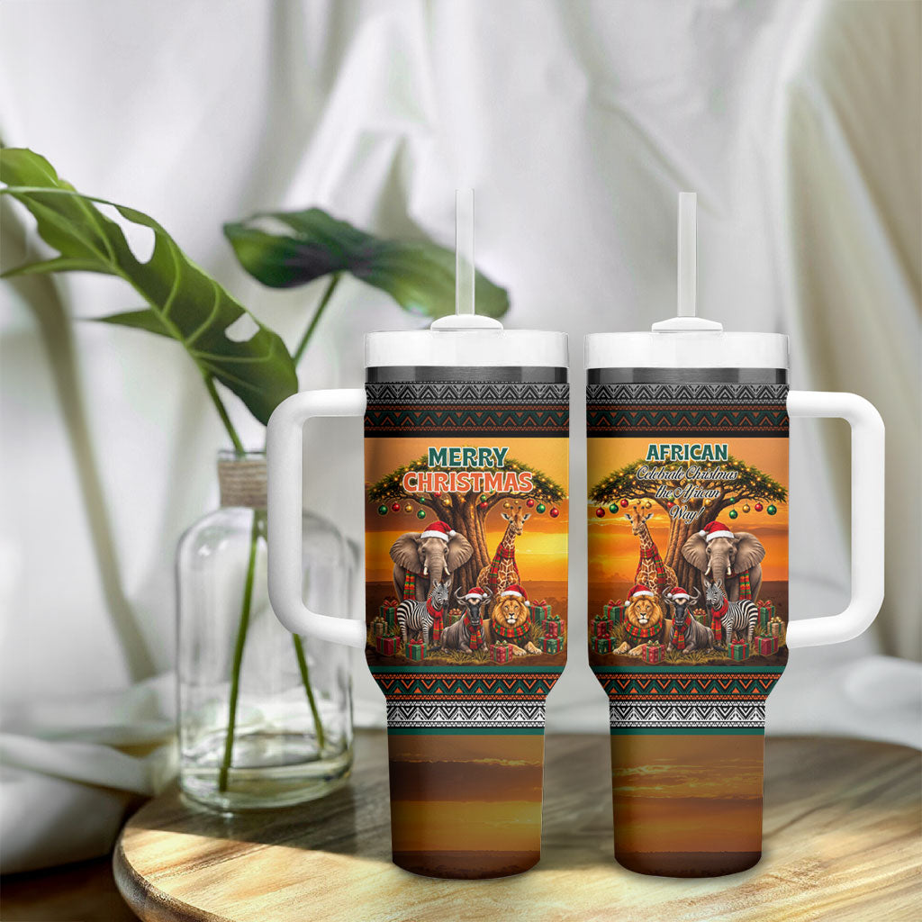 African Safari Animals Christmas Tumbler With Handle Savannah Wildlife Festive Holiday Tribal Pattern