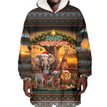 African Safari Animals Christmas Wearable Blanket Hoodie Savannah Wildlife Festive Holiday Tribal Pattern
