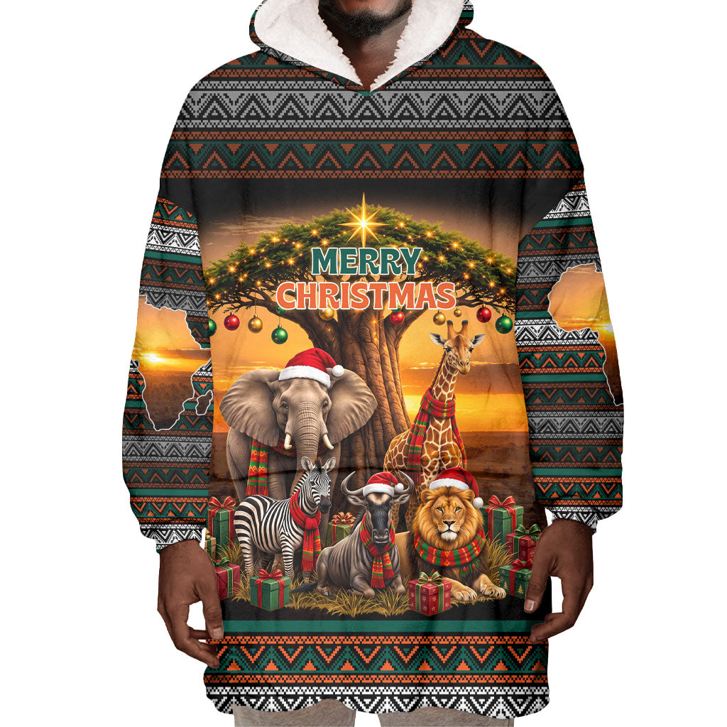 African Safari Animals Christmas Wearable Blanket Hoodie Savannah Wildlife Festive Holiday Tribal Pattern