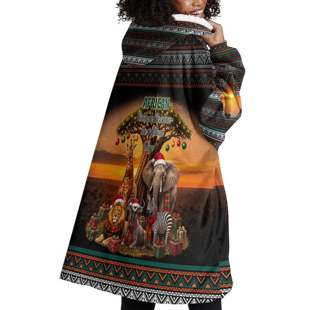 African Safari Animals Christmas Wearable Blanket Hoodie Savannah Wildlife Festive Holiday Tribal Pattern