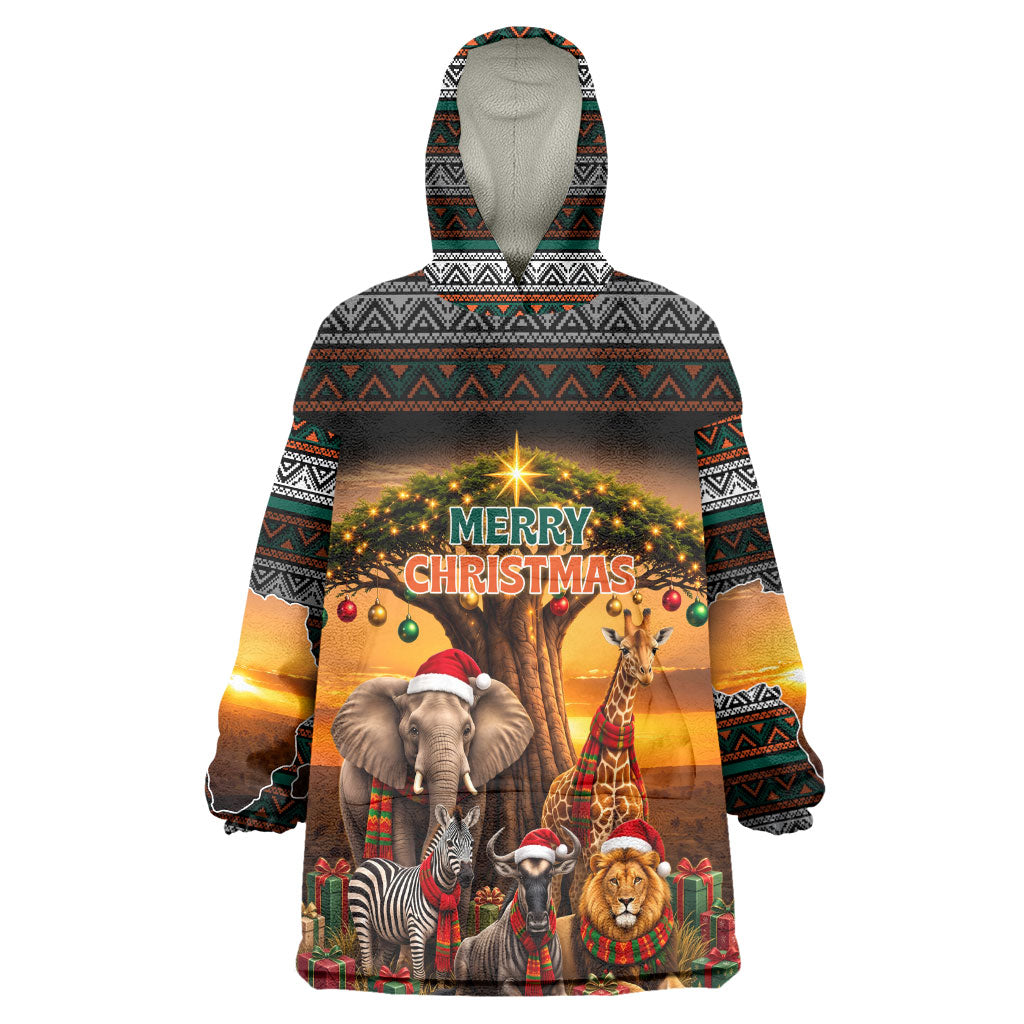 African Safari Animals Christmas Wearable Blanket Hoodie Savannah Wildlife Festive Holiday Tribal Pattern