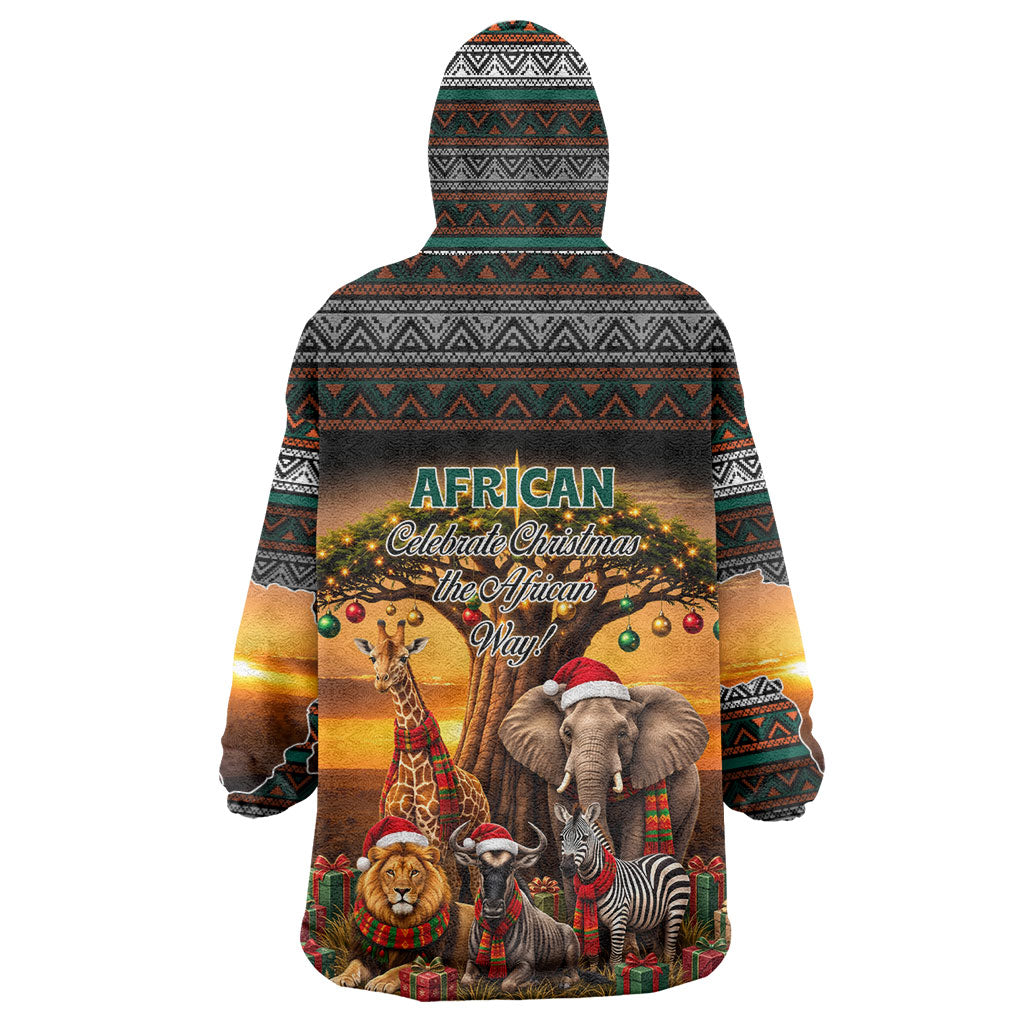 African Safari Animals Christmas Wearable Blanket Hoodie Savannah Wildlife Festive Holiday Tribal Pattern