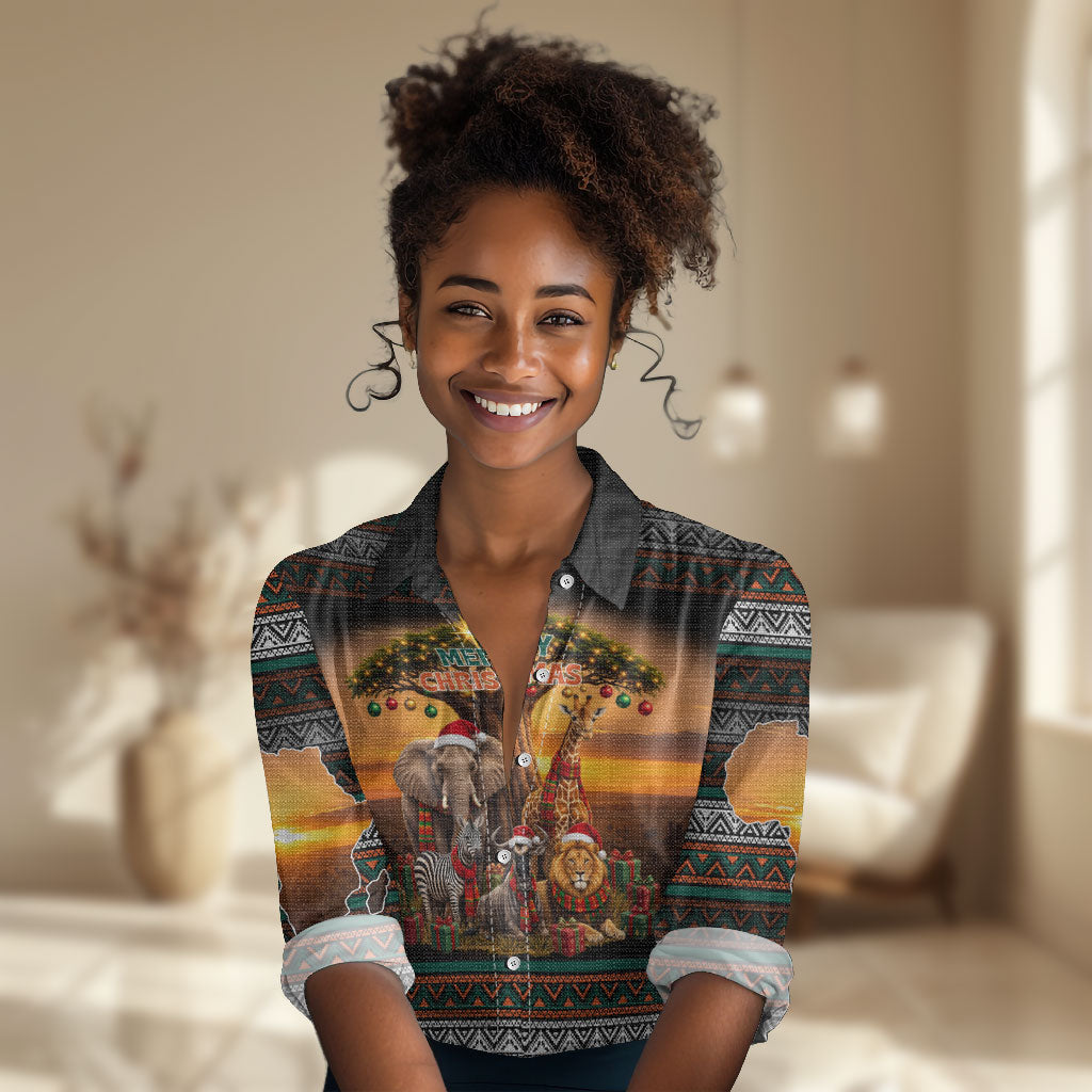 African Safari Animals Christmas Women Casual Shirt Savannah Wildlife Festive Holiday Tribal Pattern