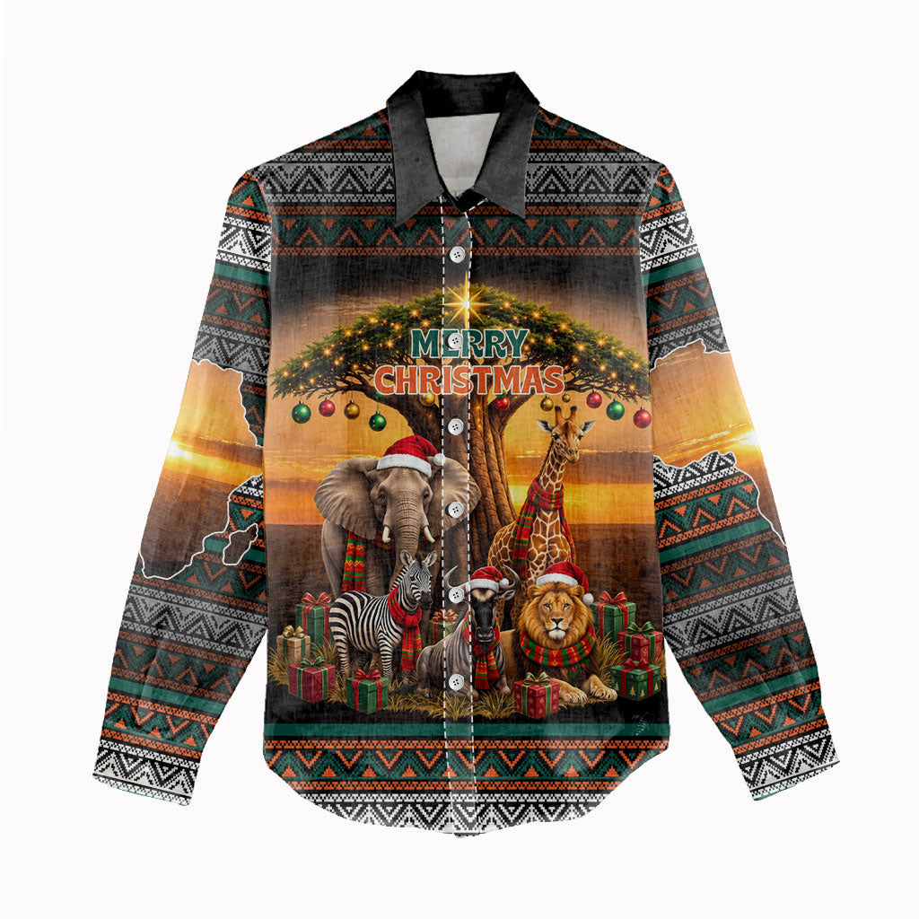 African Safari Animals Christmas Women Casual Shirt Savannah Wildlife Festive Holiday Tribal Pattern