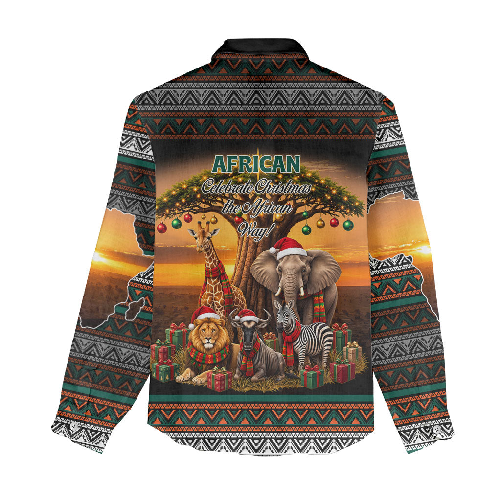 African Safari Animals Christmas Women Casual Shirt Savannah Wildlife Festive Holiday Tribal Pattern