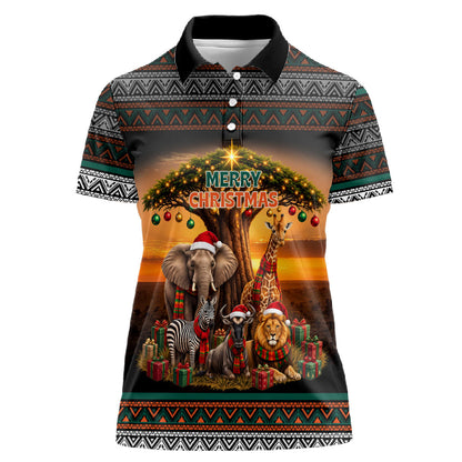 African Safari Animals Christmas Women Polo Shirt Savannah Wildlife Festive Holiday Tribal Pattern