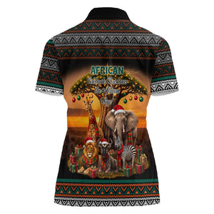 African Safari Animals Christmas Women Polo Shirt Savannah Wildlife Festive Holiday Tribal Pattern