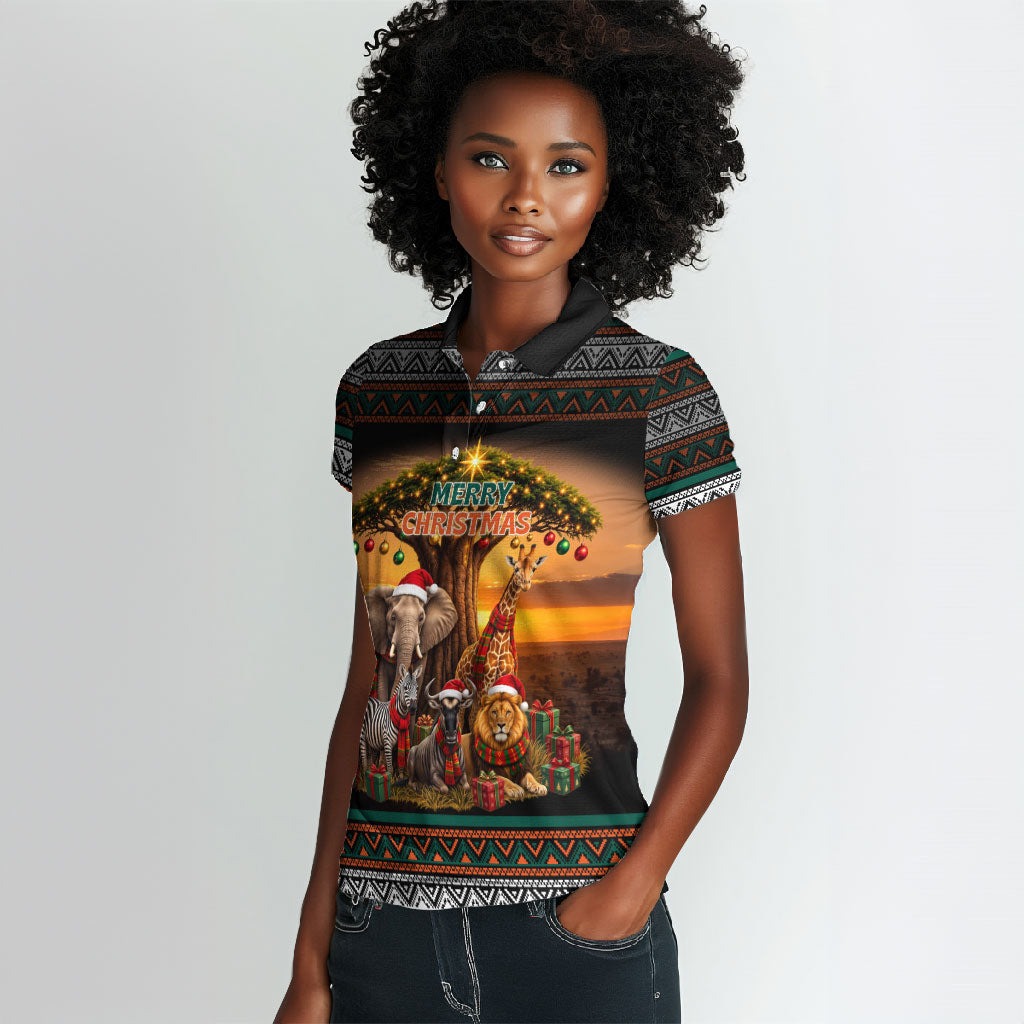 African Safari Animals Christmas Women Polo Shirt Savannah Wildlife Festive Holiday Tribal Pattern