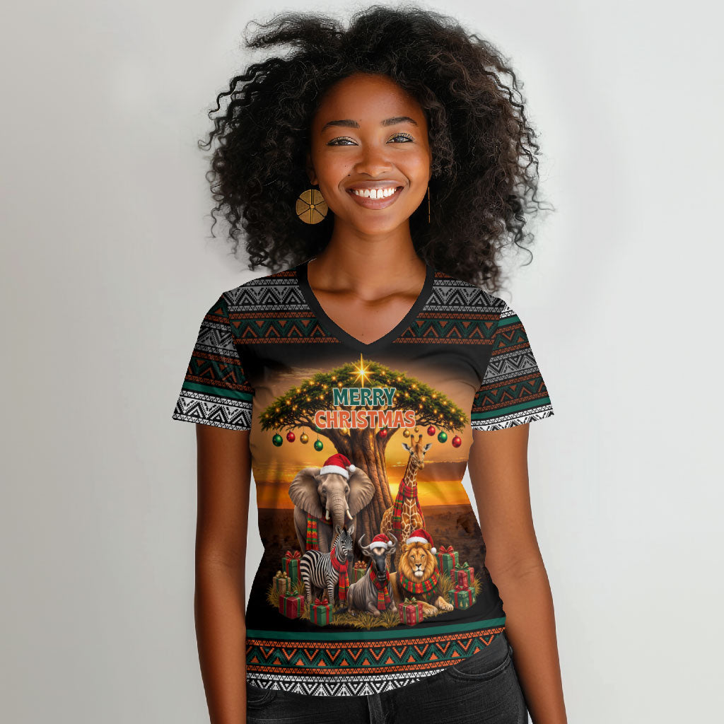 African Safari Animals Christmas Women V-Neck T-Shirt Savannah Wildlife Festive Holiday Tribal Pattern