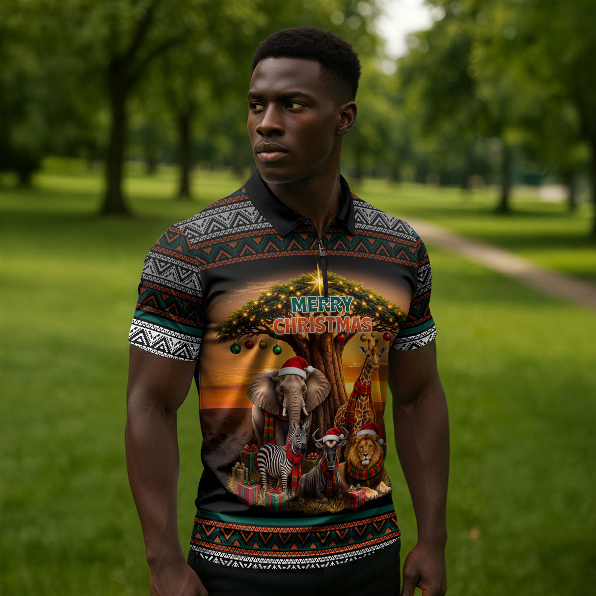 African Safari Animals Christmas Zipper Polo Shirt Savannah Wildlife Festive Holiday Tribal Pattern