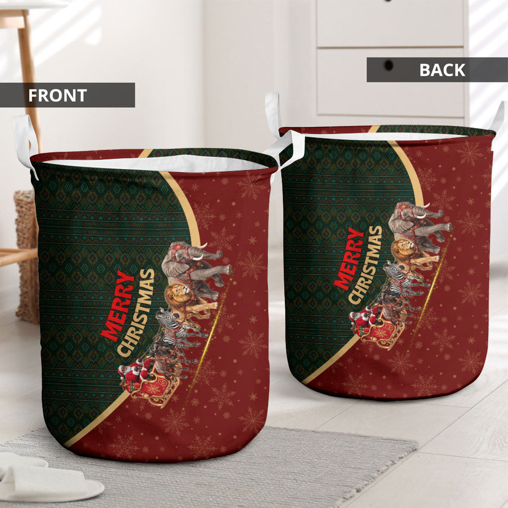African Safari Animals Christmas Sleigh Laundry Basket Festive Wildlife Tribal Pattern Santa Sleigh