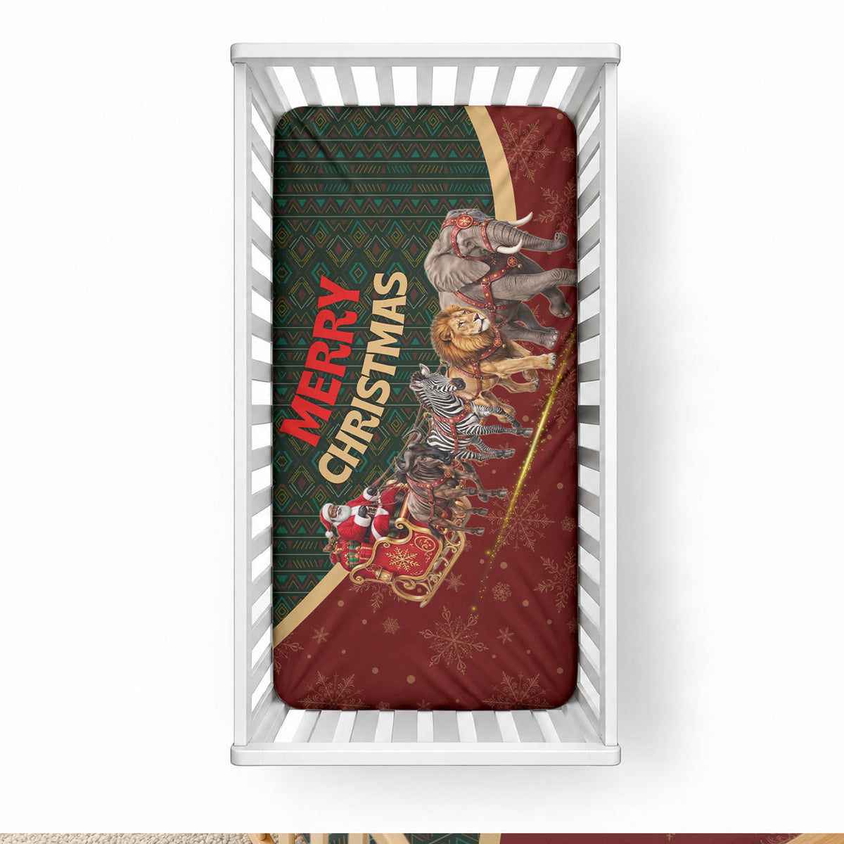 African Safari Animals Christmas Sleigh Baby Bed Cover Festive Wildlife Tribal Pattern Santa Sleigh