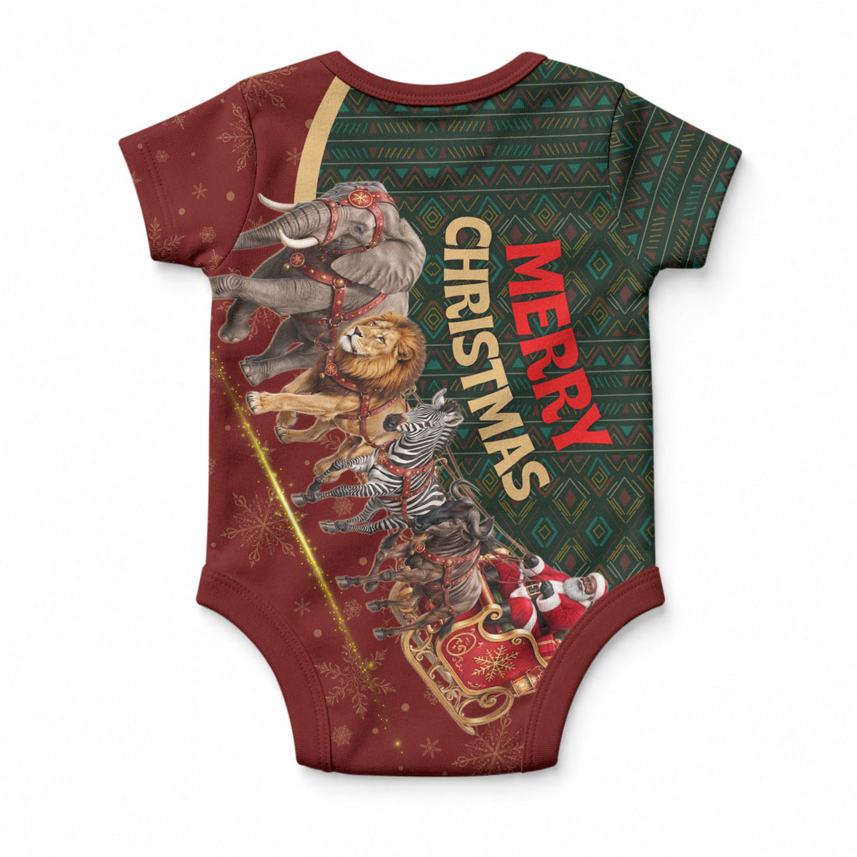 African Safari Animals Christmas Sleigh Baby Onesie Festive Wildlife Tribal Pattern Santa Sleigh