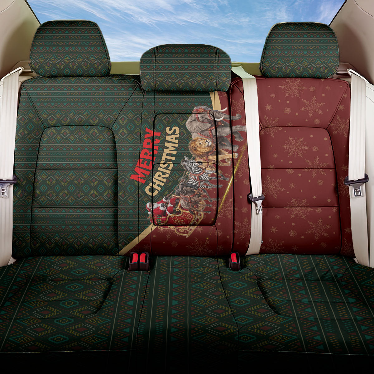 African Safari Animals Christmas Sleigh Back Car Seat Cover Festive Wildlife Tribal Pattern Santa Sleigh