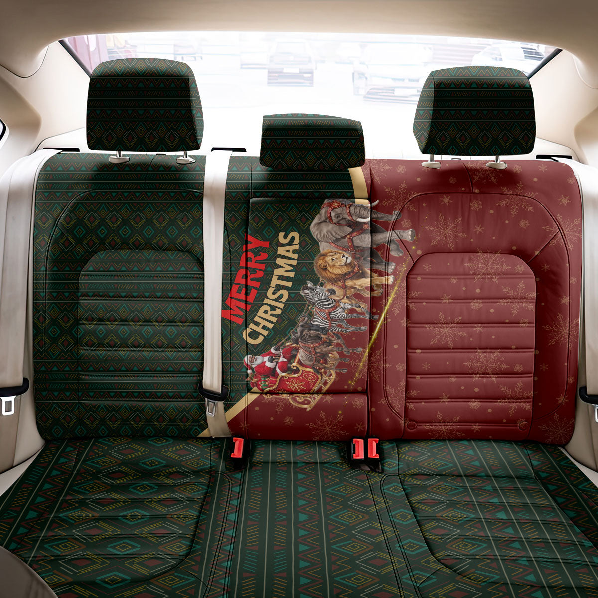 African Safari Animals Christmas Sleigh Back Car Seat Cover Festive Wildlife Tribal Pattern Santa Sleigh