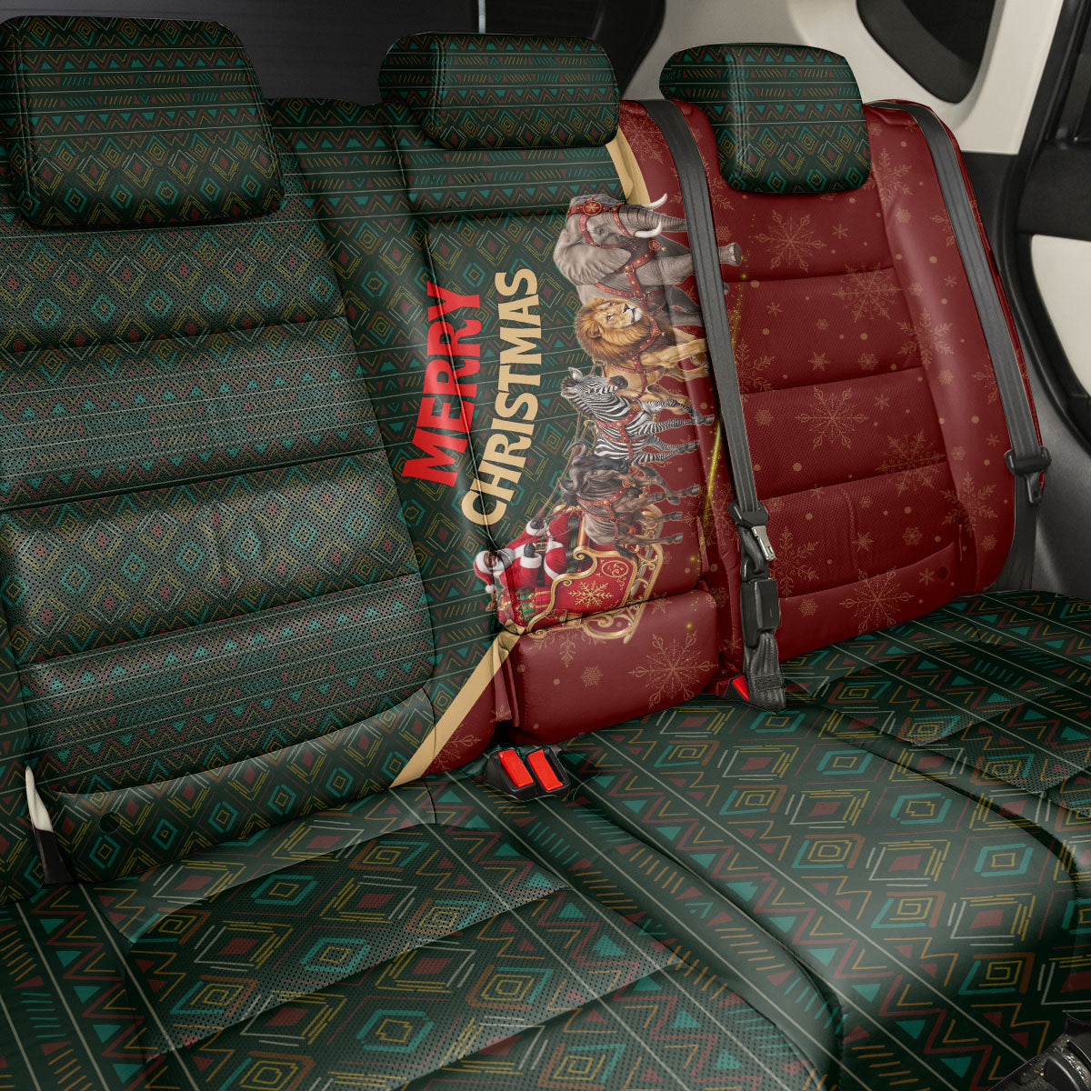 African Safari Animals Christmas Sleigh Back Car Seat Cover Festive Wildlife Tribal Pattern Santa Sleigh