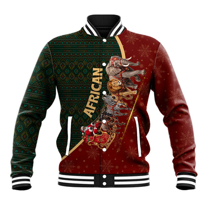 African Safari Animals Christmas Sleigh Baseball Jacket Festive Wildlife Tribal Pattern Santa Sleigh