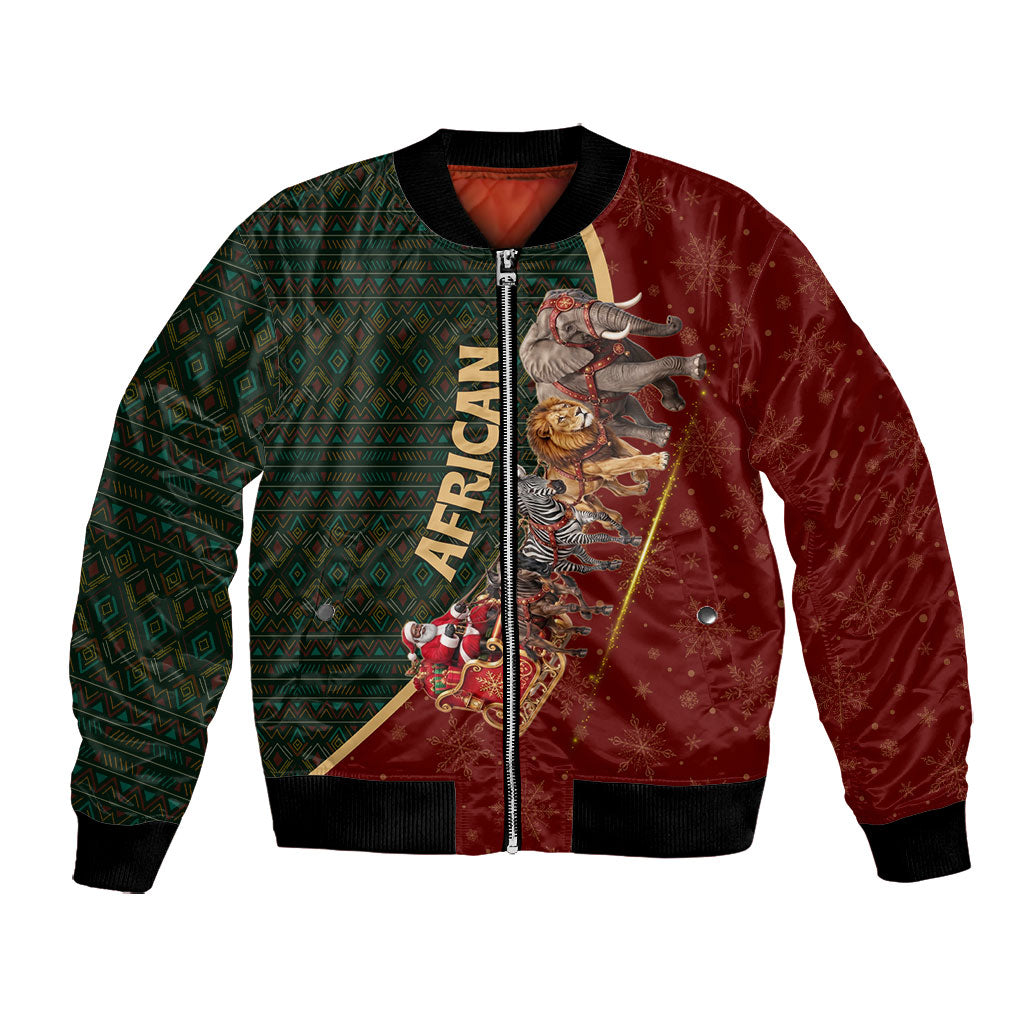 African Safari Animals Christmas Sleigh Bomber Jacket Festive Wildlife Tribal Pattern Santa Sleigh