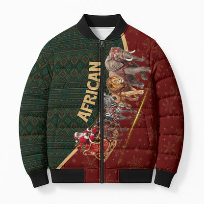 African Safari Animals Christmas Sleigh Bomber Puffer Jacket Festive Wildlife Tribal Pattern Santa Sleigh