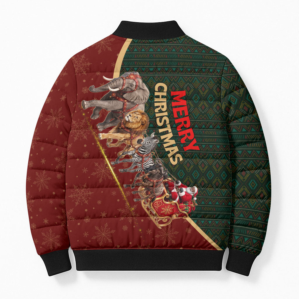 African Safari Animals Christmas Sleigh Bomber Puffer Jacket Festive Wildlife Tribal Pattern Santa Sleigh