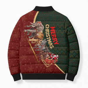 African Safari Animals Christmas Sleigh Bomber Puffer Jacket Festive Wildlife Tribal Pattern Santa Sleigh