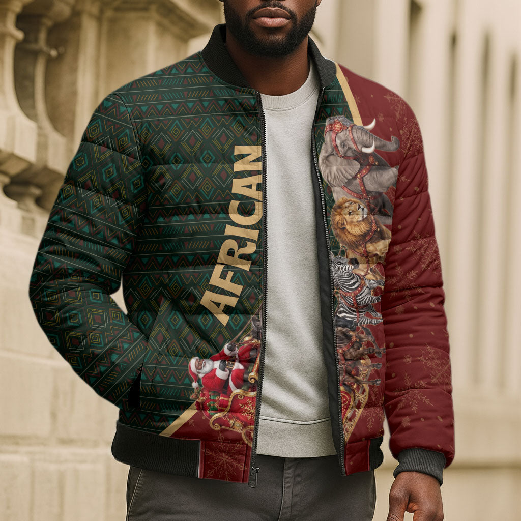 African Safari Animals Christmas Sleigh Bomber Puffer Jacket Festive Wildlife Tribal Pattern Santa Sleigh