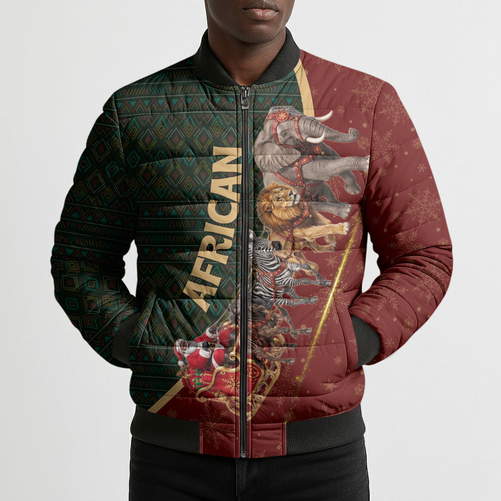 African Safari Animals Christmas Sleigh Bomber Puffer Jacket Festive Wildlife Tribal Pattern Santa Sleigh