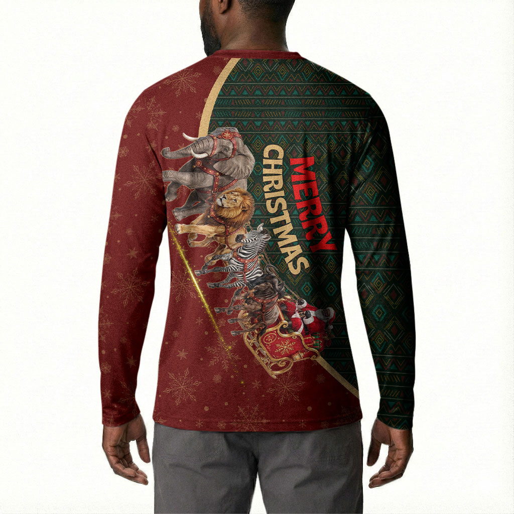 African Safari Animals Christmas Sleigh Button Sweatshirt Festive Wildlife Tribal Pattern Santa Sleigh