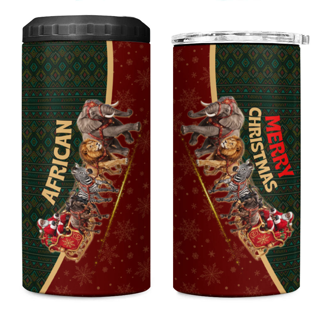 African Safari Animals Christmas Sleigh 4 in 1 Can Cooler Tumbler Festive Wildlife Tribal Pattern Santa Sleigh