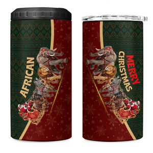 African Safari Animals Christmas Sleigh 4 in 1 Can Cooler Tumbler Festive Wildlife Tribal Pattern Santa Sleigh