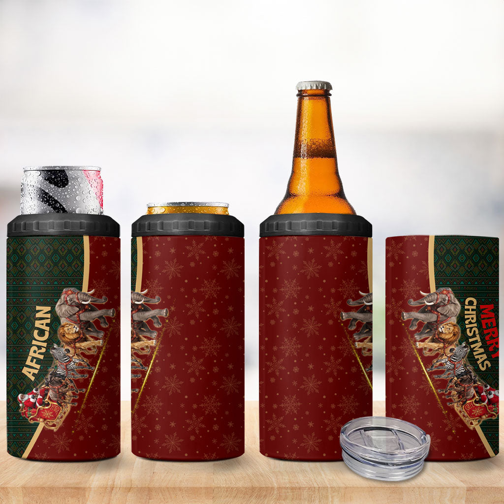 African Safari Animals Christmas Sleigh 4 in 1 Can Cooler Tumbler Festive Wildlife Tribal Pattern Santa Sleigh