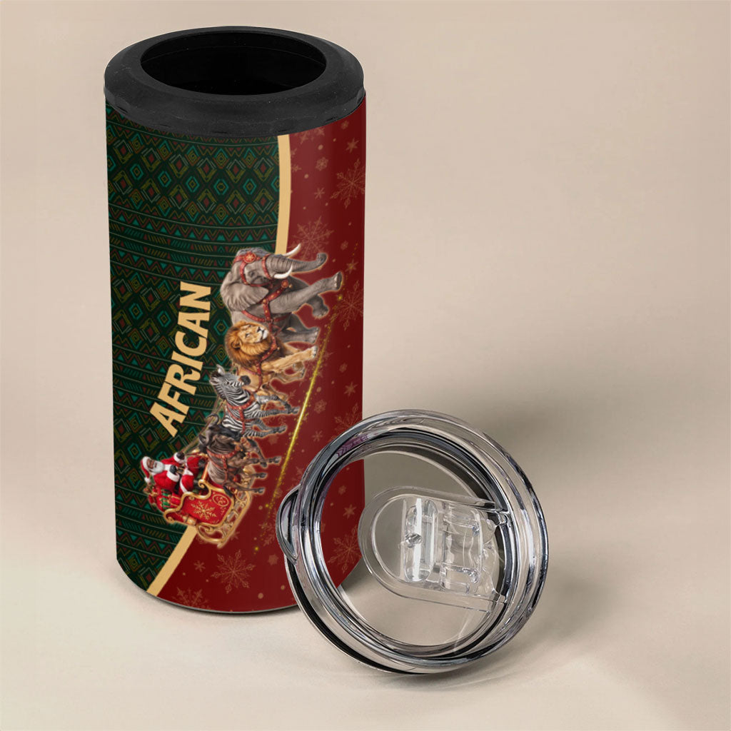 African Safari Animals Christmas Sleigh 4 in 1 Can Cooler Tumbler Festive Wildlife Tribal Pattern Santa Sleigh