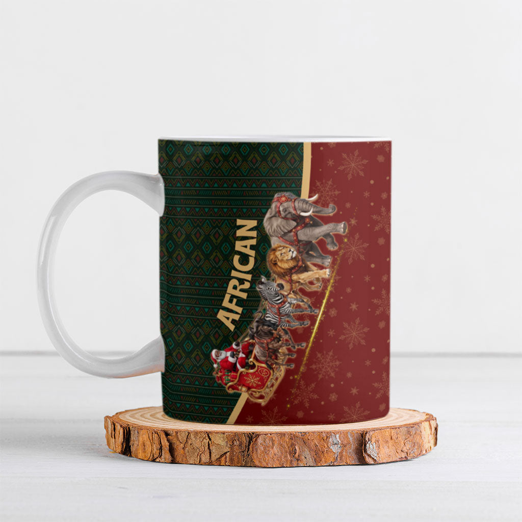 African Safari Animals Christmas Sleigh Ceramic Mug Festive Wildlife Tribal Pattern Santa Sleigh