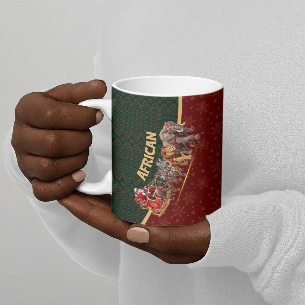African Safari Animals Christmas Sleigh Ceramic Mug Festive Wildlife Tribal Pattern Santa Sleigh