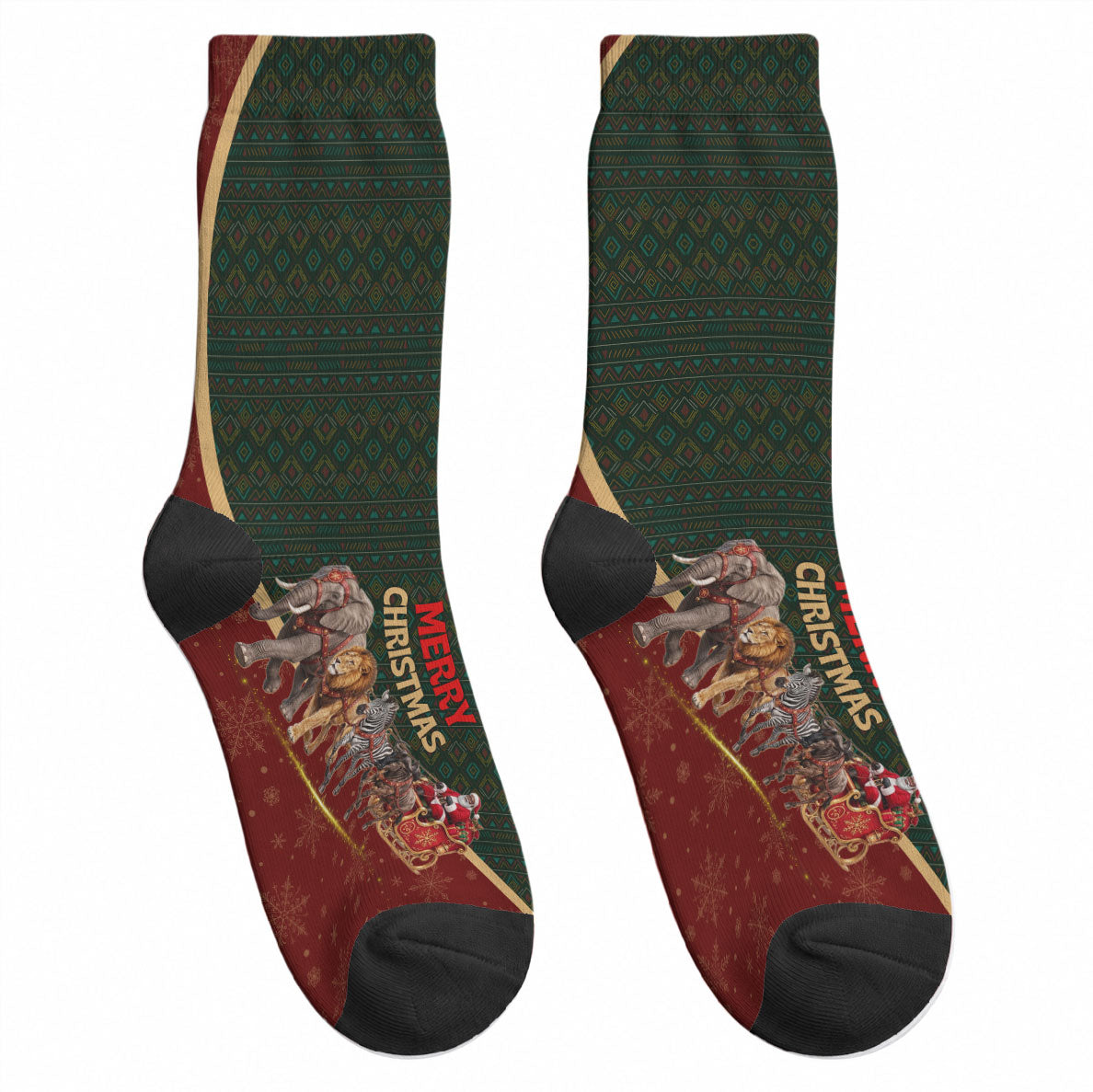 African Safari Animals Christmas Sleigh Crew Socks Festive Wildlife Tribal Pattern Santa Sleigh