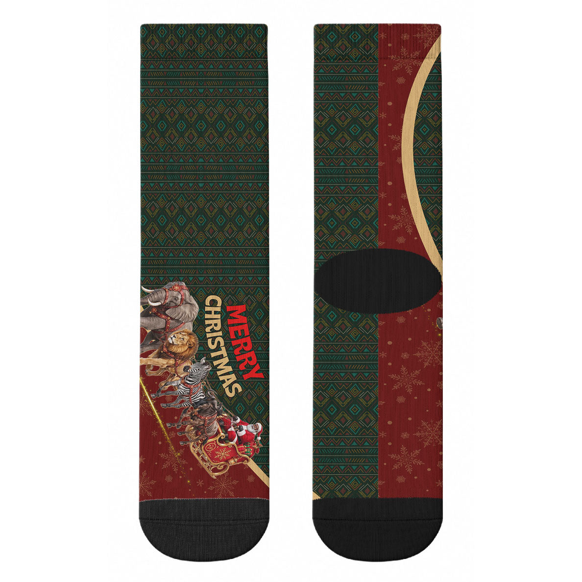 African Safari Animals Christmas Sleigh Crew Socks Festive Wildlife Tribal Pattern Santa Sleigh