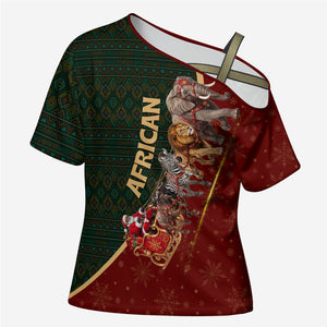 African Safari Animals Christmas Sleigh Cross Shoulder Shirt Festive Wildlife Tribal Pattern Santa Sleigh