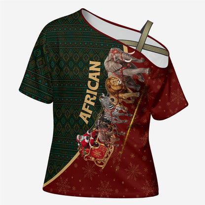 African Safari Animals Christmas Sleigh Cross Shoulder Shirt Festive Wildlife Tribal Pattern Santa Sleigh