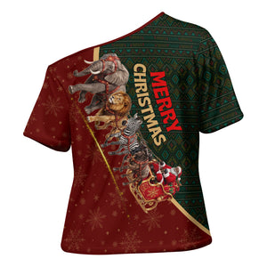African Safari Animals Christmas Sleigh Cross Shoulder Shirt Festive Wildlife Tribal Pattern Santa Sleigh
