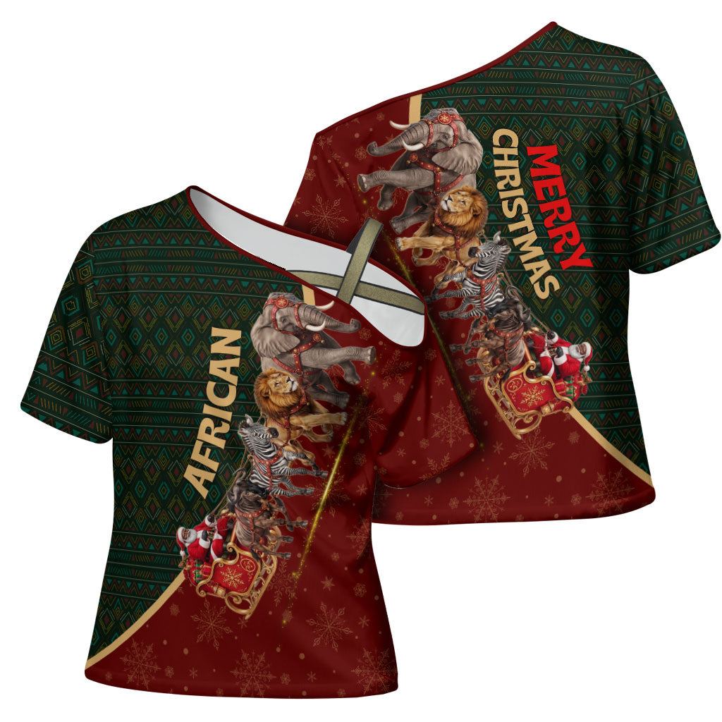 African Safari Animals Christmas Sleigh Cross Shoulder Shirt Festive Wildlife Tribal Pattern Santa Sleigh