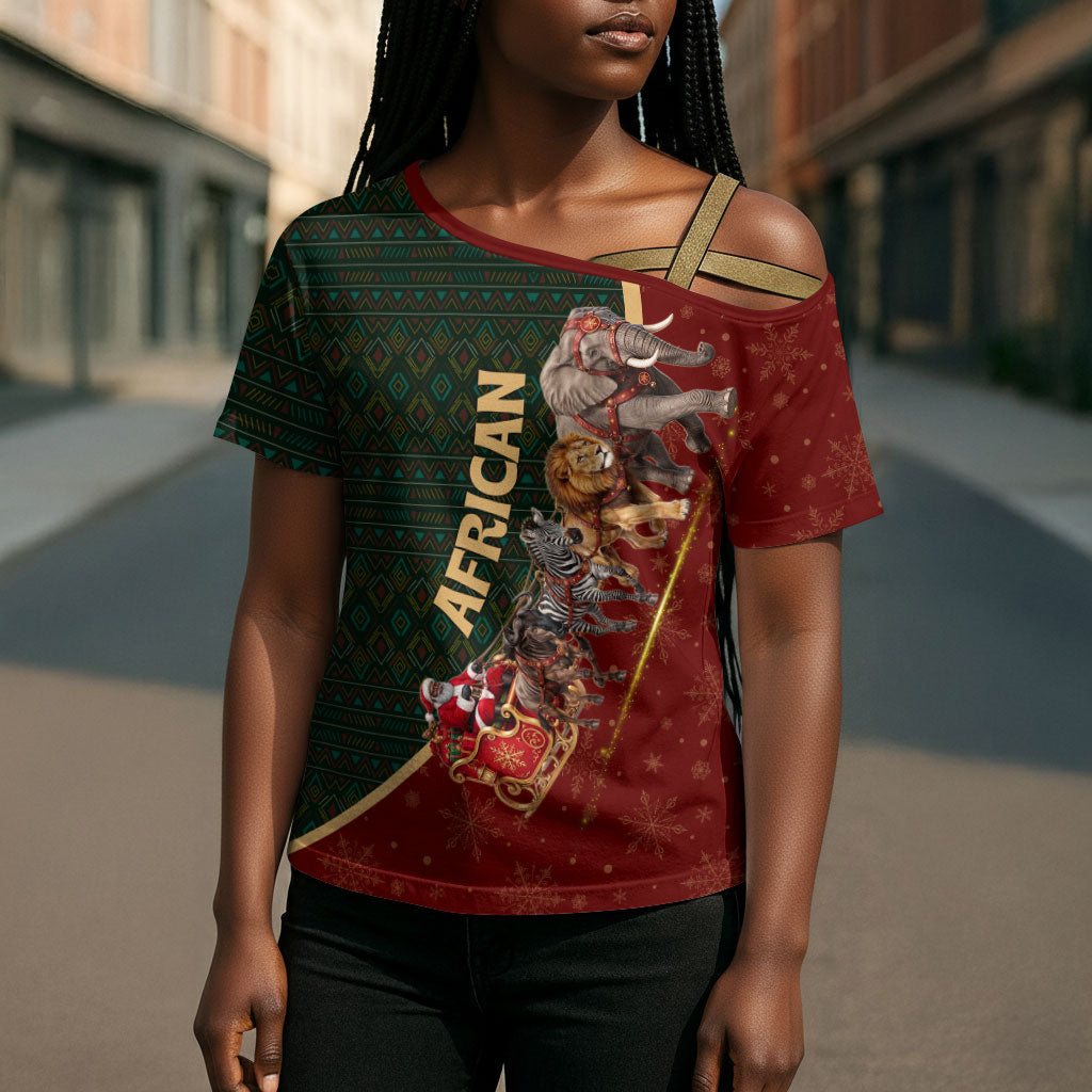 African Safari Animals Christmas Sleigh Cross Shoulder Shirt Festive Wildlife Tribal Pattern Santa Sleigh