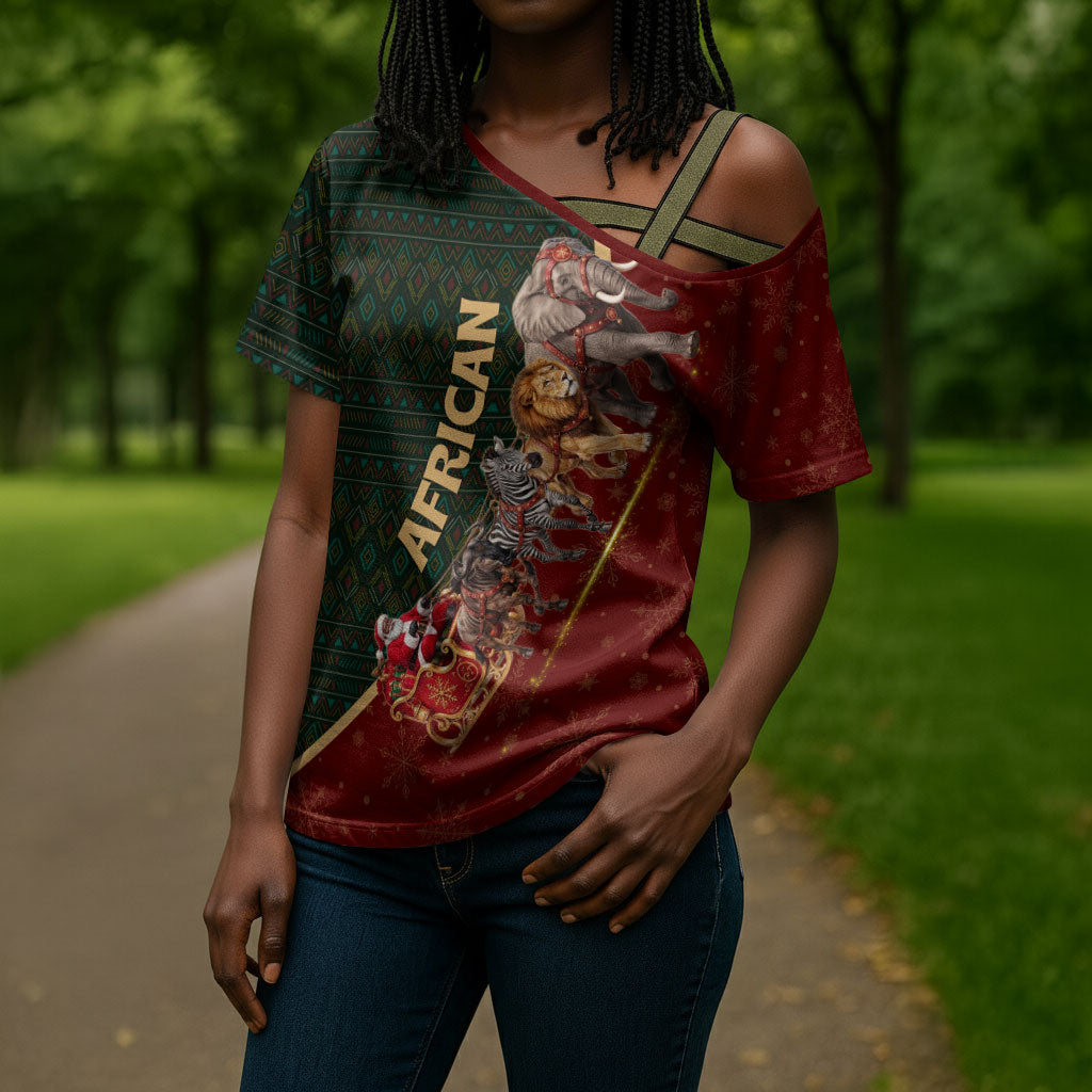 African Safari Animals Christmas Sleigh Cross Shoulder Shirt Festive Wildlife Tribal Pattern Santa Sleigh