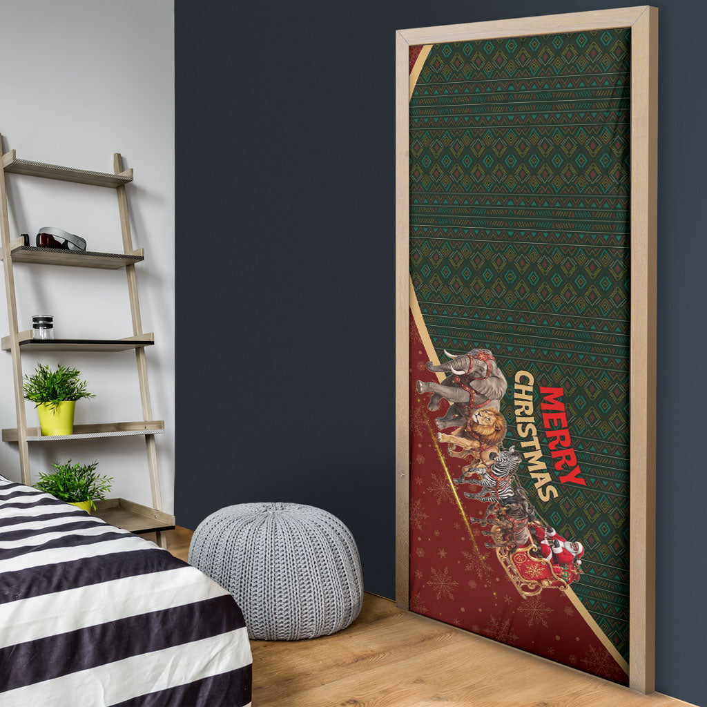 African Safari Animals Christmas Sleigh Door Cover Festive Wildlife Tribal Pattern Santa Sleigh